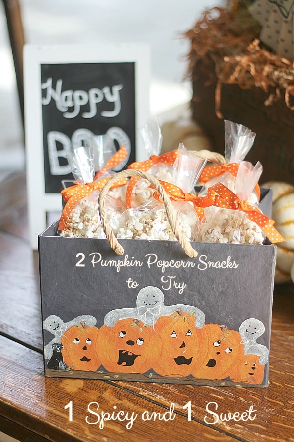 2 Pumpkin Popcorn Snacks to Try ~ 1 Spicy and 1 Sweet; one for adults watching football games and one for trick or treats on Halloween.