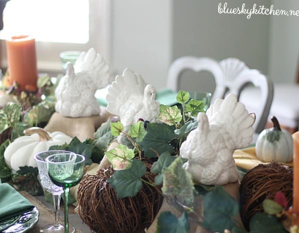 Pumpkins, Turkeys and Autumn Flowers on My Thanksgiving Table. A tour of how I transitioned our dining table from fall to Thanksgiving.