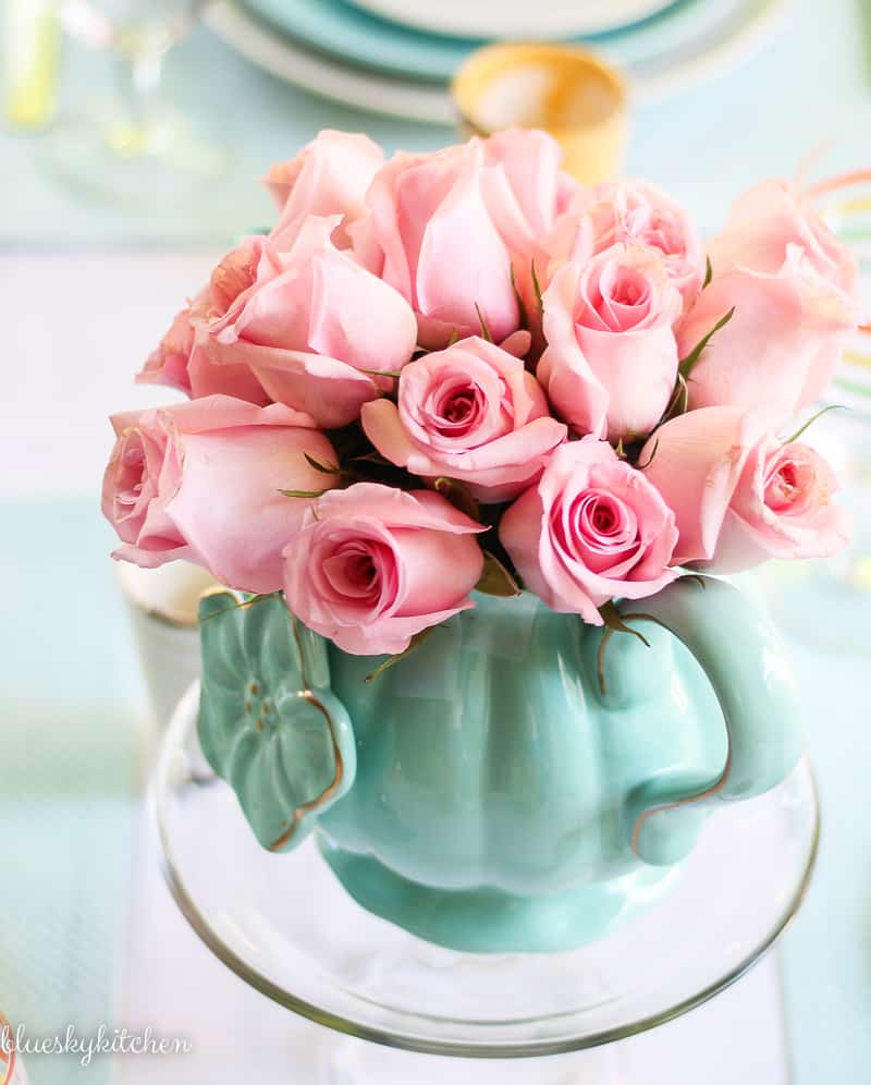 aqua teapot with pink roses