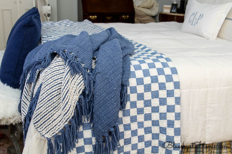 blue and white checked blanket on bed