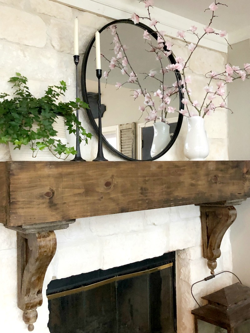 Spring mantel with mirror and DIY cherry blossom flowers