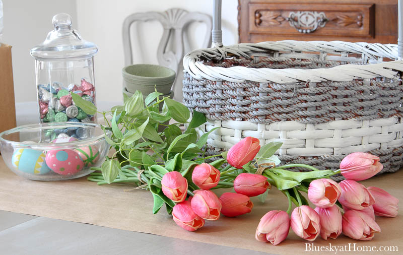 pink tulips and basket