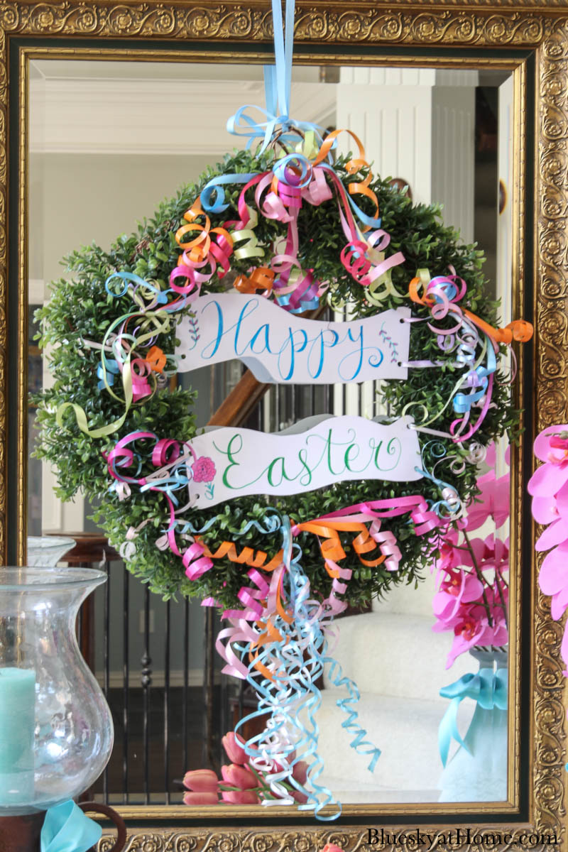 Easter wreath hanging on mirror
