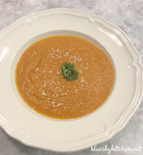 Spicy Pumpkin Soup with Sesame Seeds is a delicious dish perfect for chilly fall nights. Start~to~finish instructions and equipment tips. BlueskyatHome.com