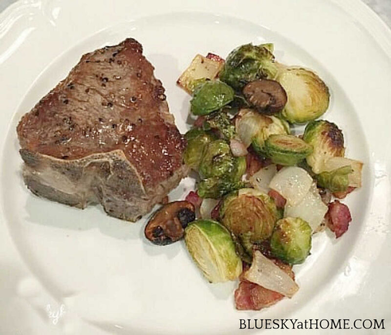 sooked lamb chops and roasted Brussels sprouts