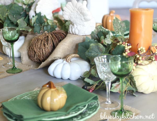 Pumpkins, Turkeys and Autumn Flowers on My Thanksgiving Table. A tour of how I transitioned our dining table from fall to Thanksgiving.