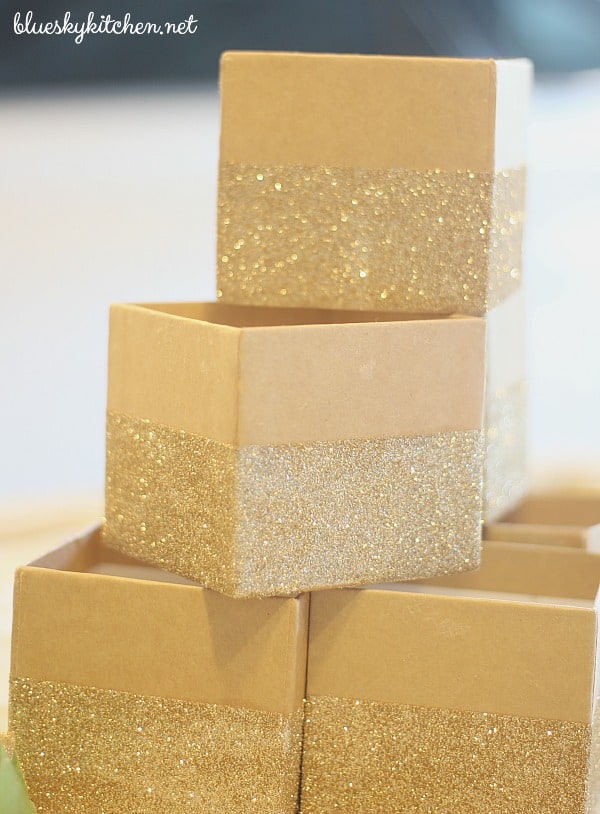 6 Nesting Gift Boxes Gold Dots on Silver Glitter Background Gold Lids