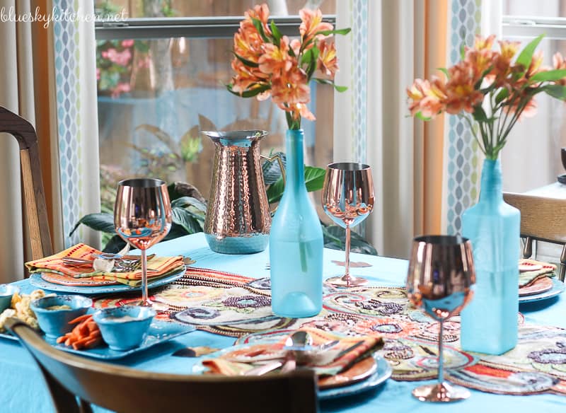 My New Fall Tablescape Inspiration from Color and Texture. Turquoise and copper are the foundation of a autumn tablescape with shiney and beaded textures.