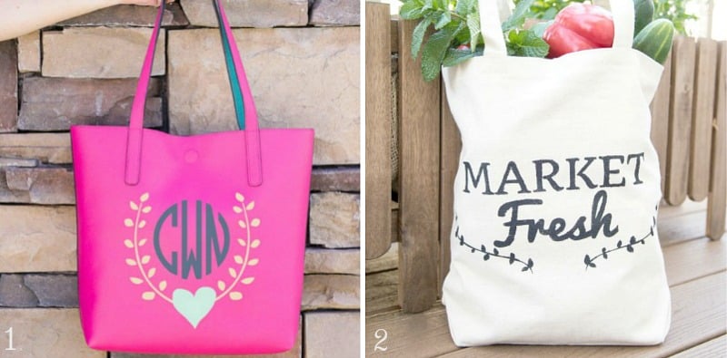 pink and white bags with vinyl decals