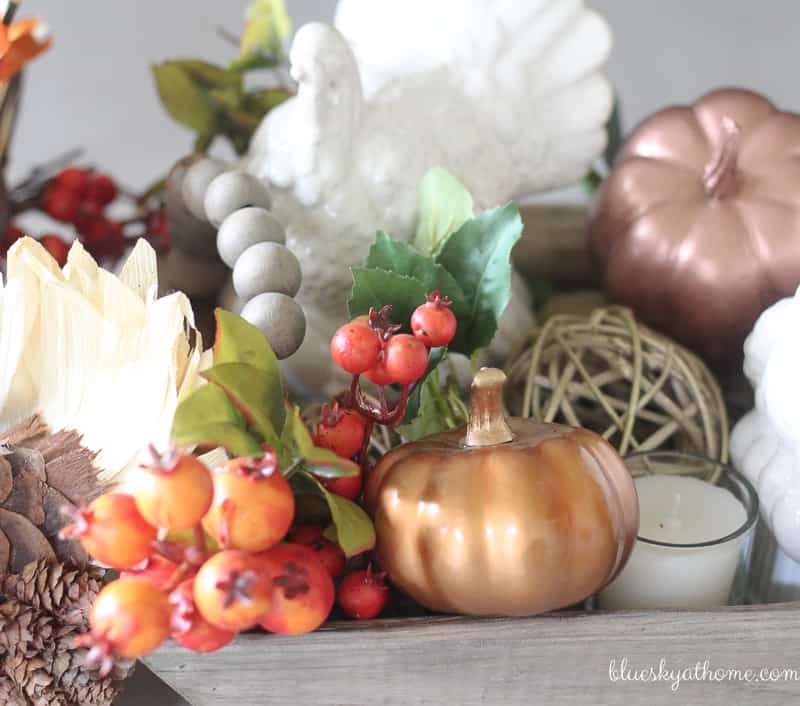 My 10 Turkey Thanksgiving Tablescape. 10 little turkeys play center stage in this Thanksgiving tablescape blog hop. BlueskyatHome.com