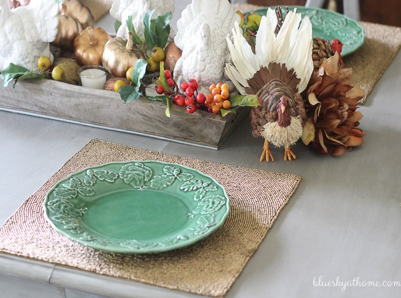 My 10 Turkey Thanksgiving Tablescape. 10 little turkeys play center stage in this Thanksgiving tablescape blog hop. BlueskyatHome.com