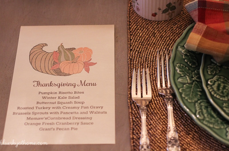 My 10 Turkey Thanksgiving Tablescape. 10 little turkeys play center stage in this Thanksgiving tablescape blog hop. BlueskyatHome.com