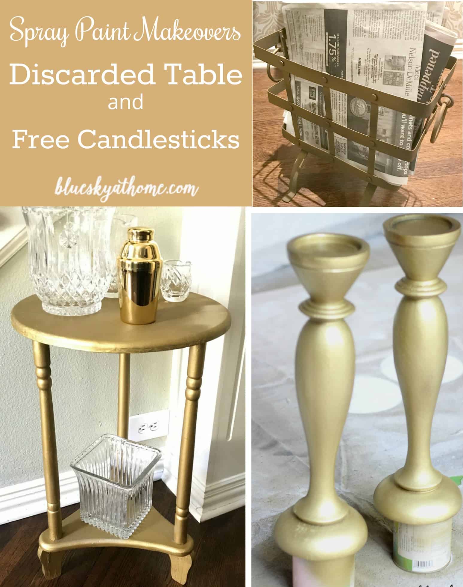 Spray Paint Make Overs ~ Discarded Table and Free Candlesticks. For under $10, a little spray paint works wonders on 2 discards. BlueskyatHome.com