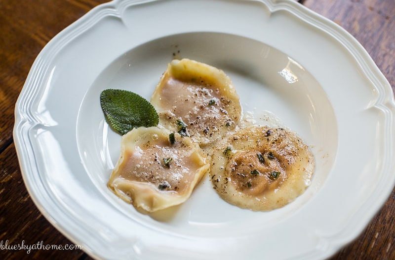 Pumpkin Ravioli with Sage Brown Butter Appetizer ~ delicious and impressive little morsel packed with flavor. Great dish for entertaining. BlueskyatHome.com