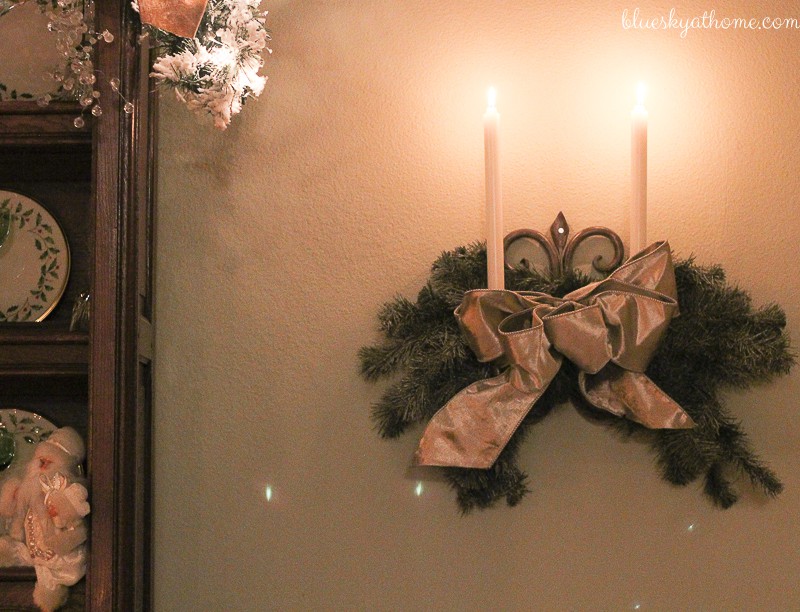 Santas and Reindeer Shine in Christmas Tablescape 2017. Green, gold, silver and white create a soft silhouette for holiday characters. BlueskyatHome.com