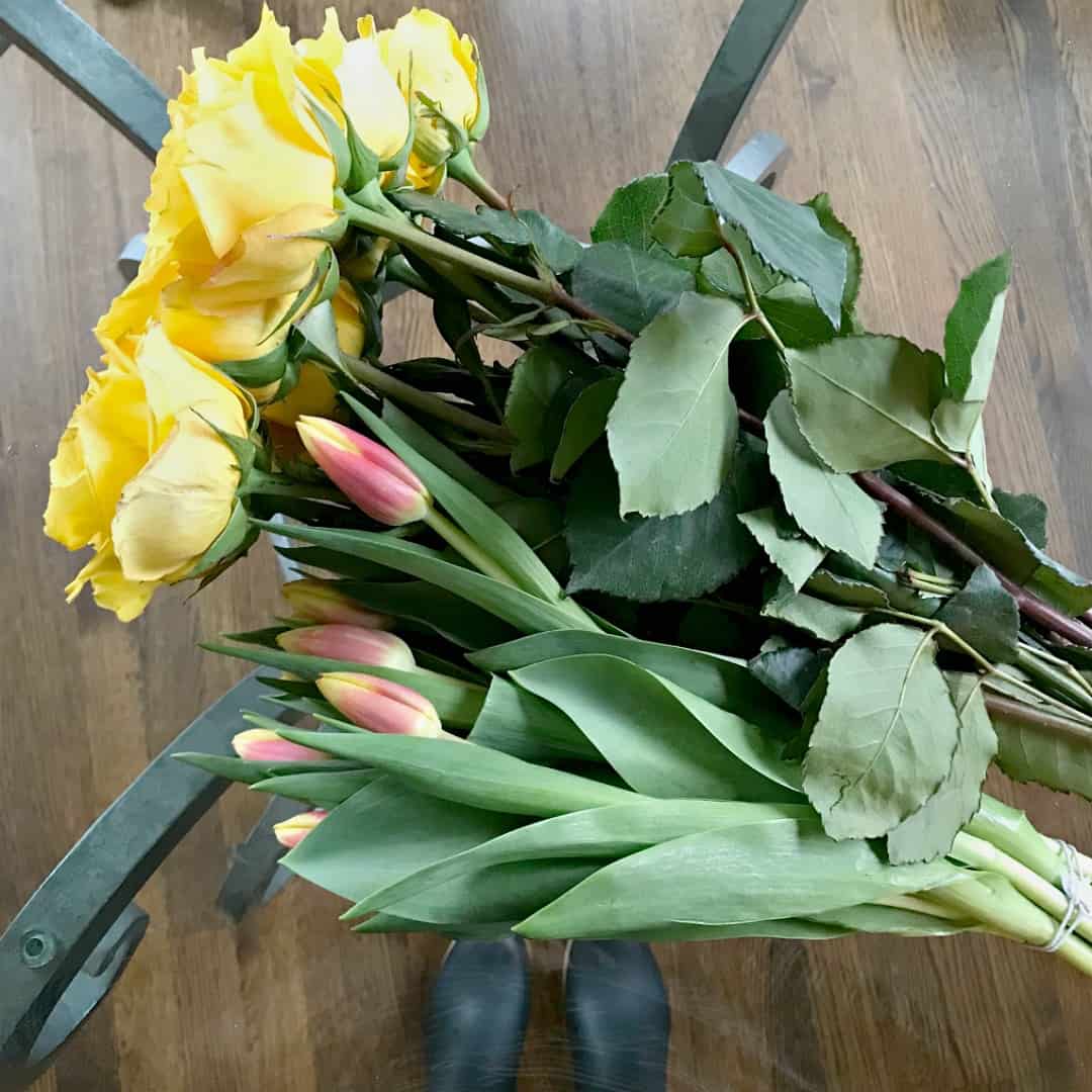 yellow roses and pink tulips
