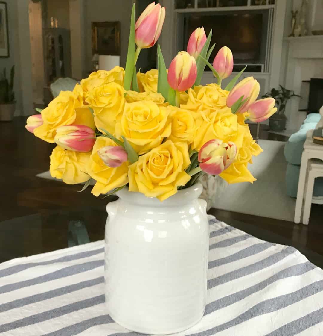 yellow roses and pink tulips