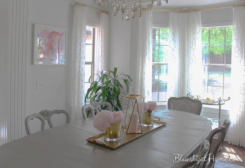 Our Light and Airy Dining Room Makeover Reveal ~ ORC Week 6. It's time to show off our new dining room with a light palette and airy fresh feel in white and gray with a pop of pink. From old world to new world in 6 weeks for the One Room Challenge. BlueskyatHome.com