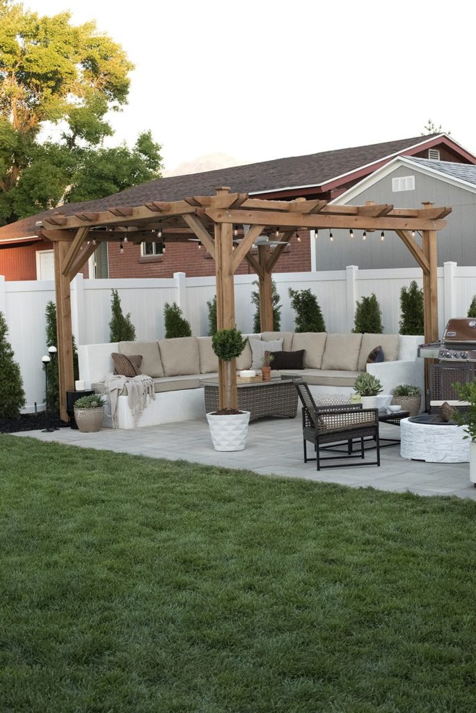 backyard makeover with pergola and seating