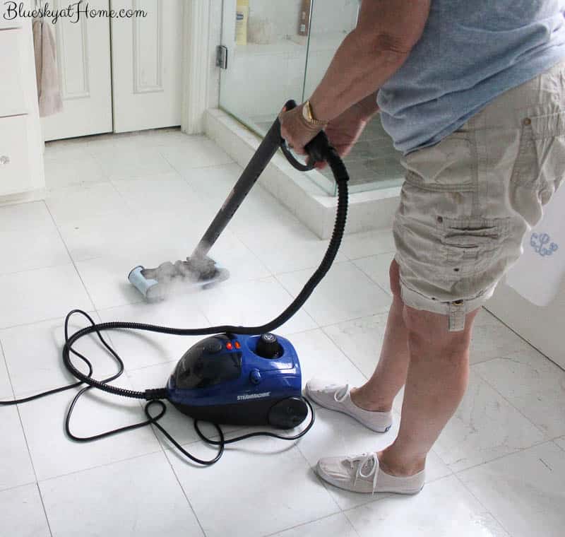 Best Way to Clean Grout Without Breaking Your Back. Want a clean bathroom floor without breaking your back on your hands and knees? See how to clean a bathroom floor quickly and easily with the HomeRight Steam Machine. BlueskyatHome.com #homeright #cleanbathroom #bathroomfloors #cleaninggrout #steammachine