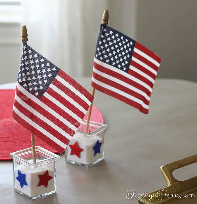 New 4th of July Decorations and Some Oldie Goldies. A wreath, stickers, a banner, centerpieces. BlueskyatHome.com #diydecorations #July4th #decorations