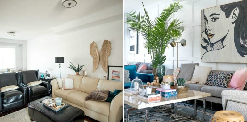 5 Lovely Living Room Makeovers. Ideas to create a living space with color, accessories, and furniture. BlueskyatHome.com #livingroom #livingroommakeover