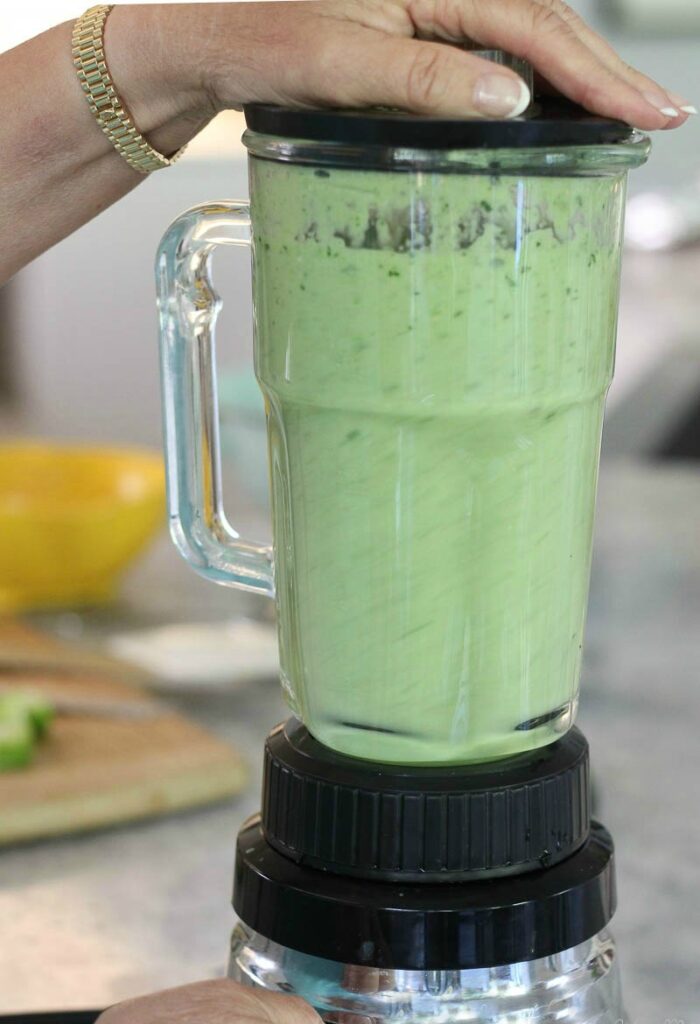 making Cucumber Tomatillo Gazpacho in blender