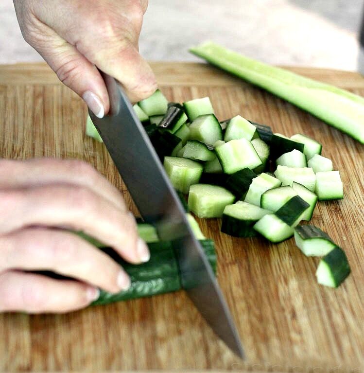 dicing cucumber for making Cucumber Tomatillo Gazpacho