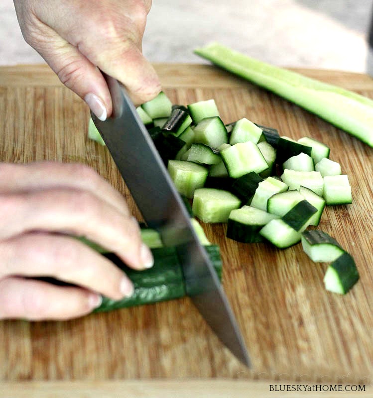 dicing cucumber for making Cucumber Tomatillo Gazpacho