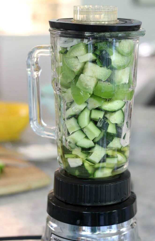 making Cucumber Tomatillo Gazpacho in blender