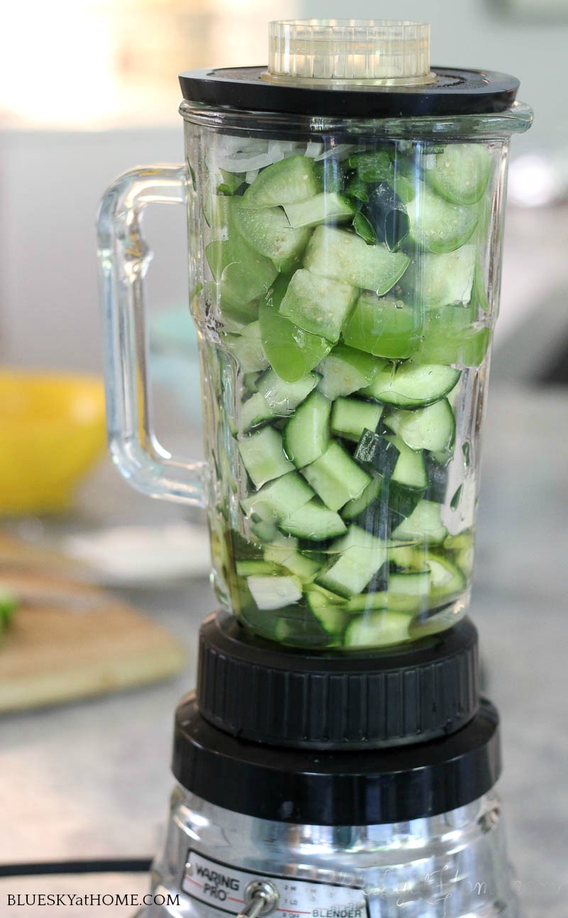 making Cucumber Tomatillo Gazpacho in blender