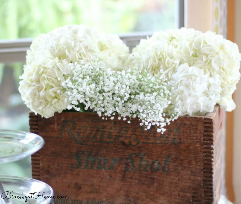 hydrangeas in box on buffet table for casual fall party