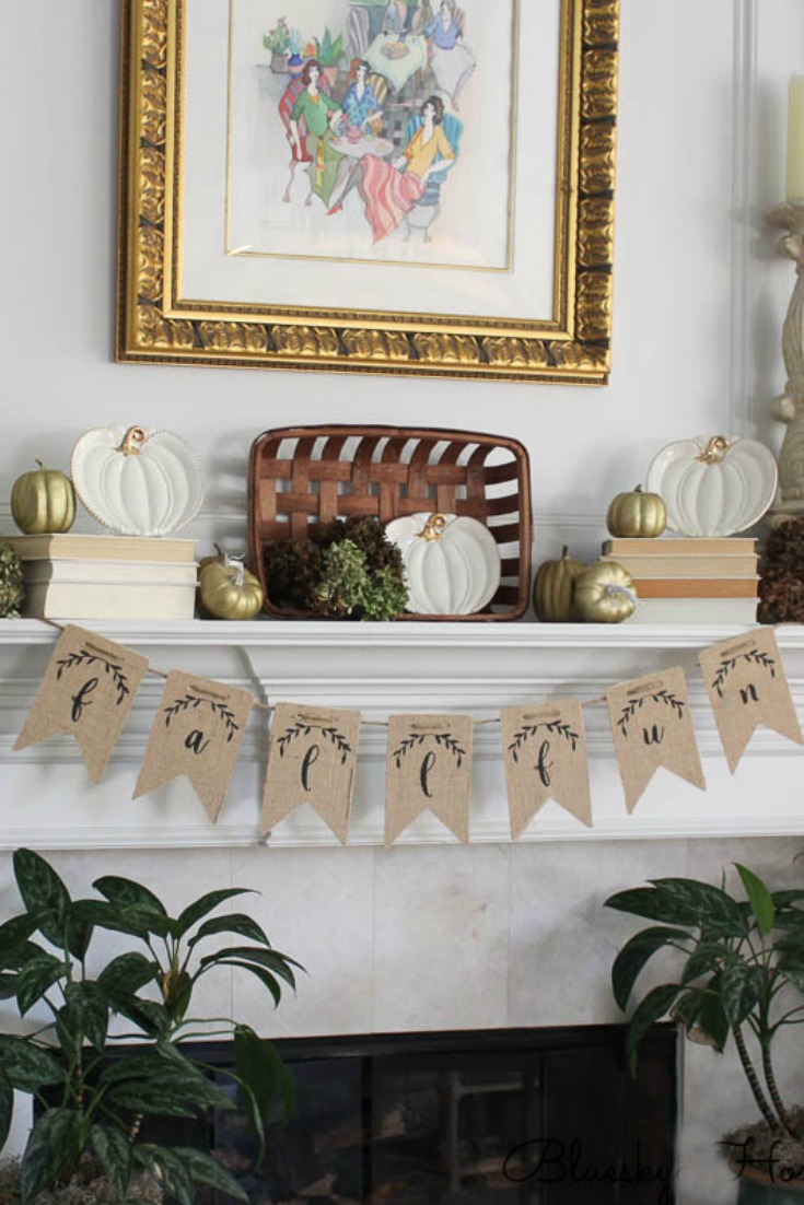 wood and burlap fall banner on mantel