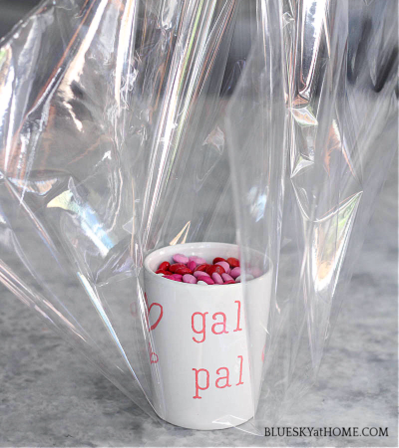 white stenciled gift mug with plastic wrap