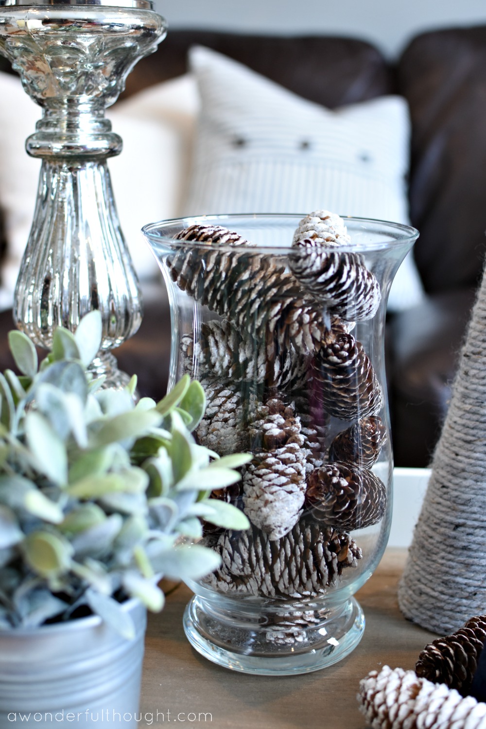 pinecones in glass jar