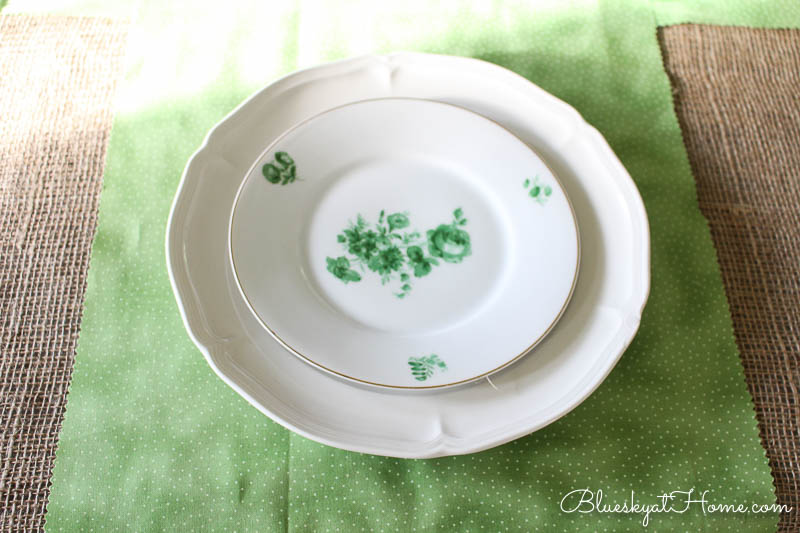 white salad plate with green design