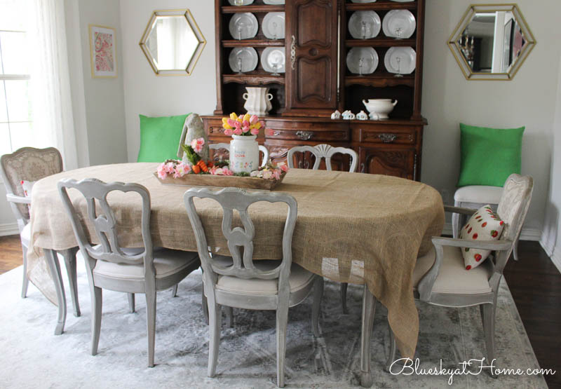 dining table with burlap tablecloth