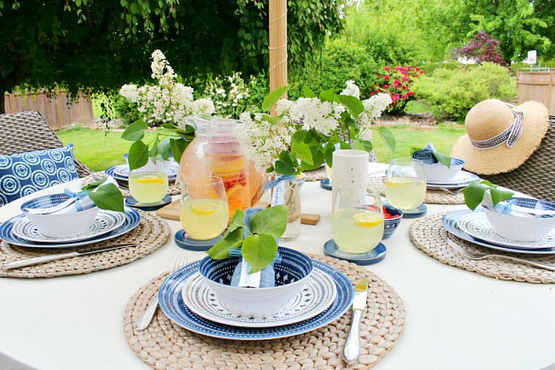 blue and white summer tablescape