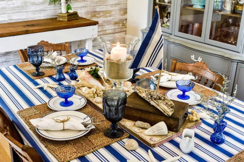 blue and white summer tablescape