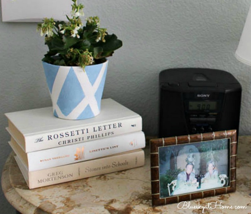 blue and white painted planter