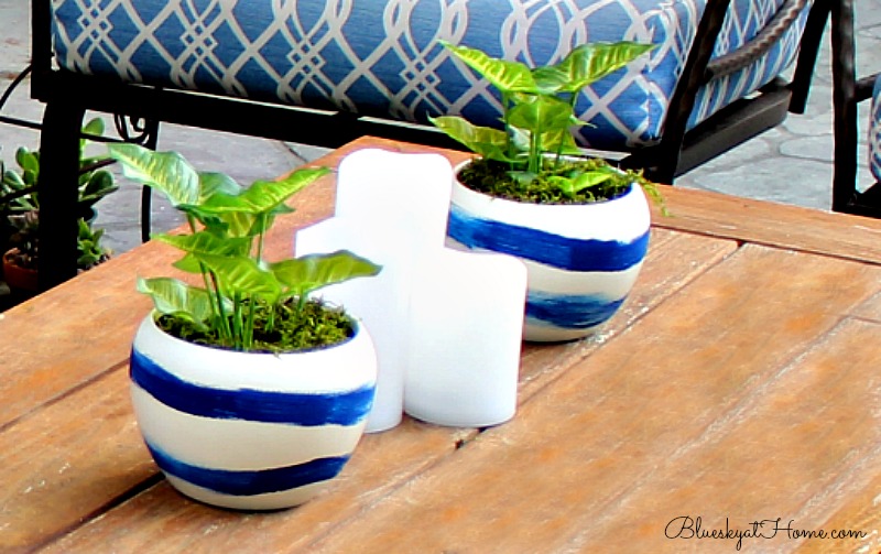 blue and white stripe painted planters