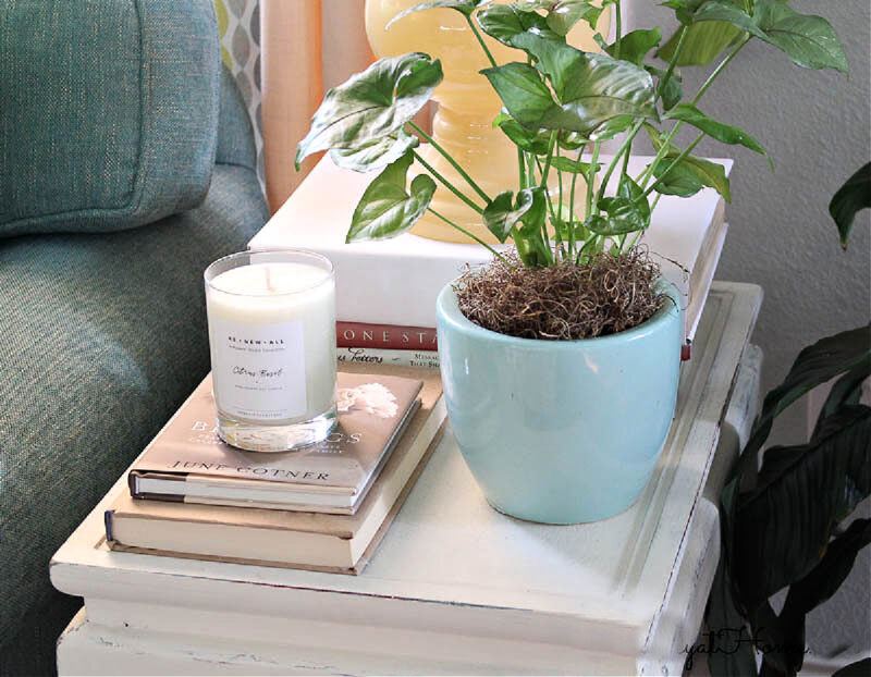 stack of books with candle and plant on side table