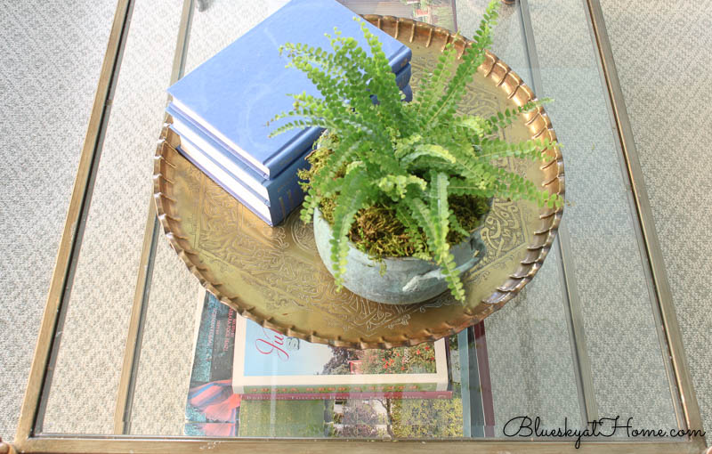 round brass tray with plant and books