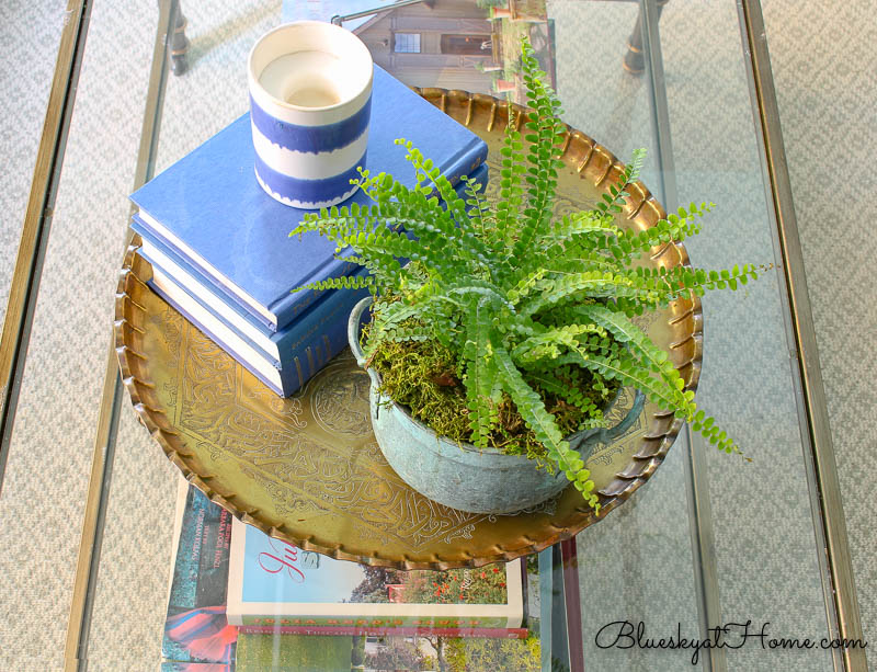 round brass tray with plant and books