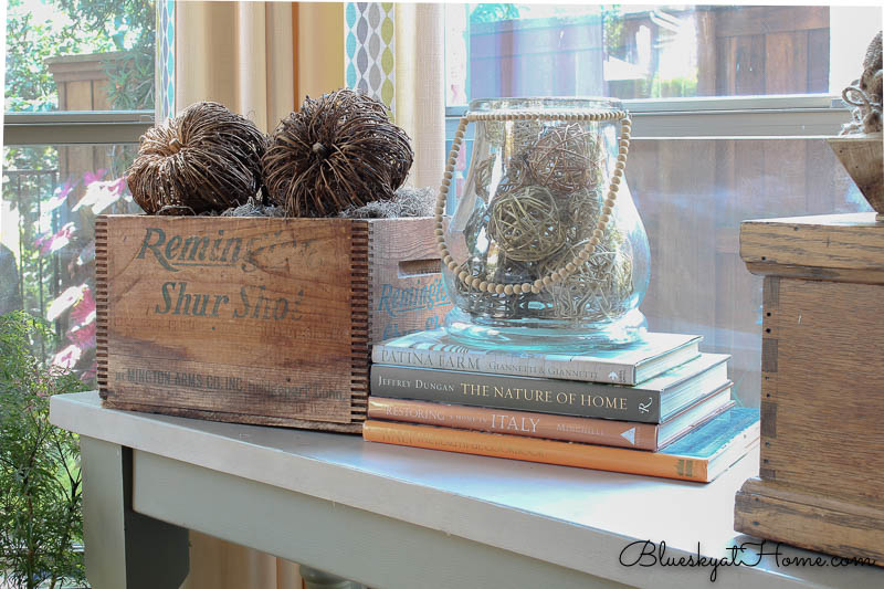 reused vintage box with glass jar with bead handle 