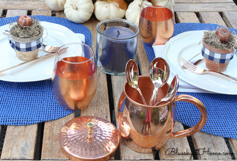 fall patio tablescape copper mug with spoons