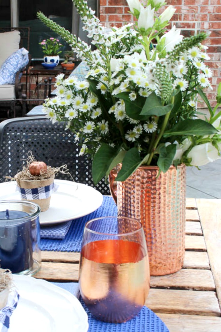 fall patio tablescape copper pitcher