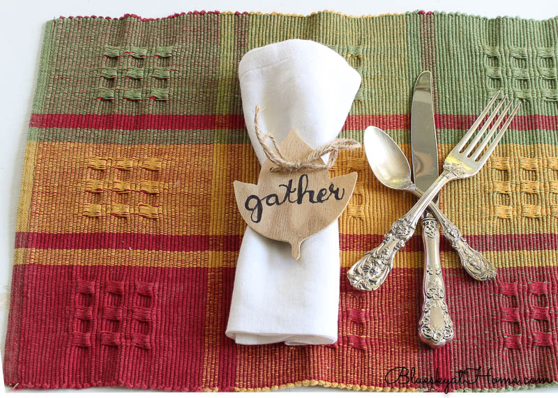 fall place setting with gather napkin ring on plaid place mat