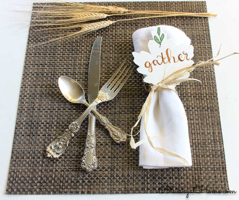 fall place setting with gather sign and wheat