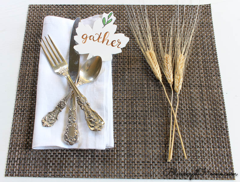 fall place setting with gather sign and wheat